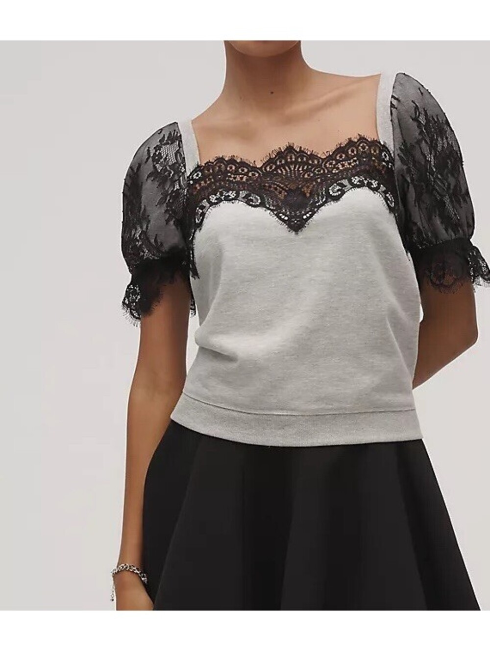 Anthropologie Short Puff-Sleeve Lace Trimmed Top Maeve Grey Black Lace S